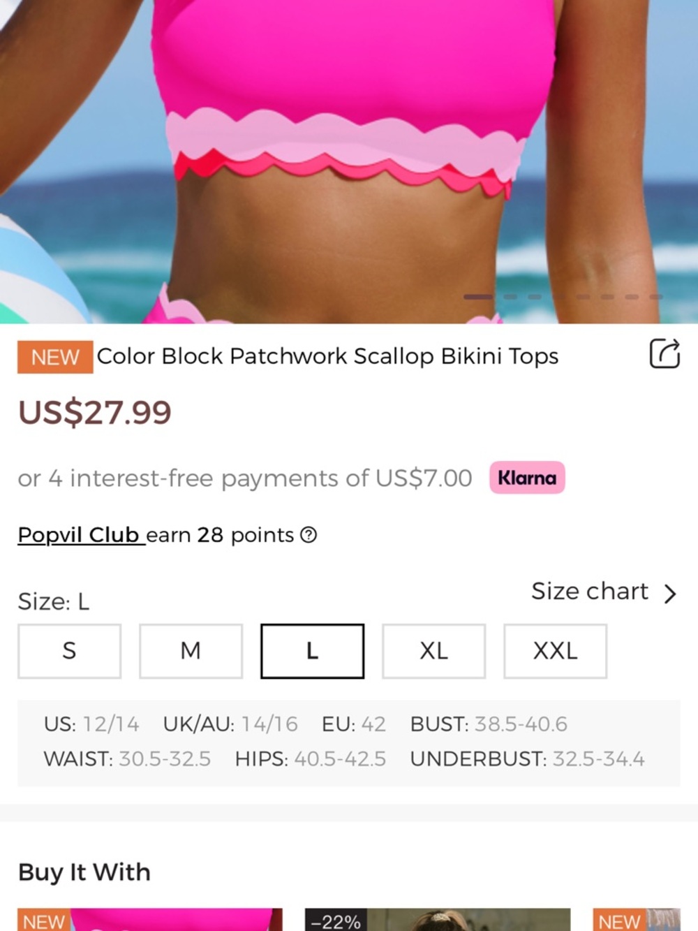 Popvil Scalloped High-Waist Two-Piece Bikini in Hot Pink & Coral size L - Picture 7 of 8